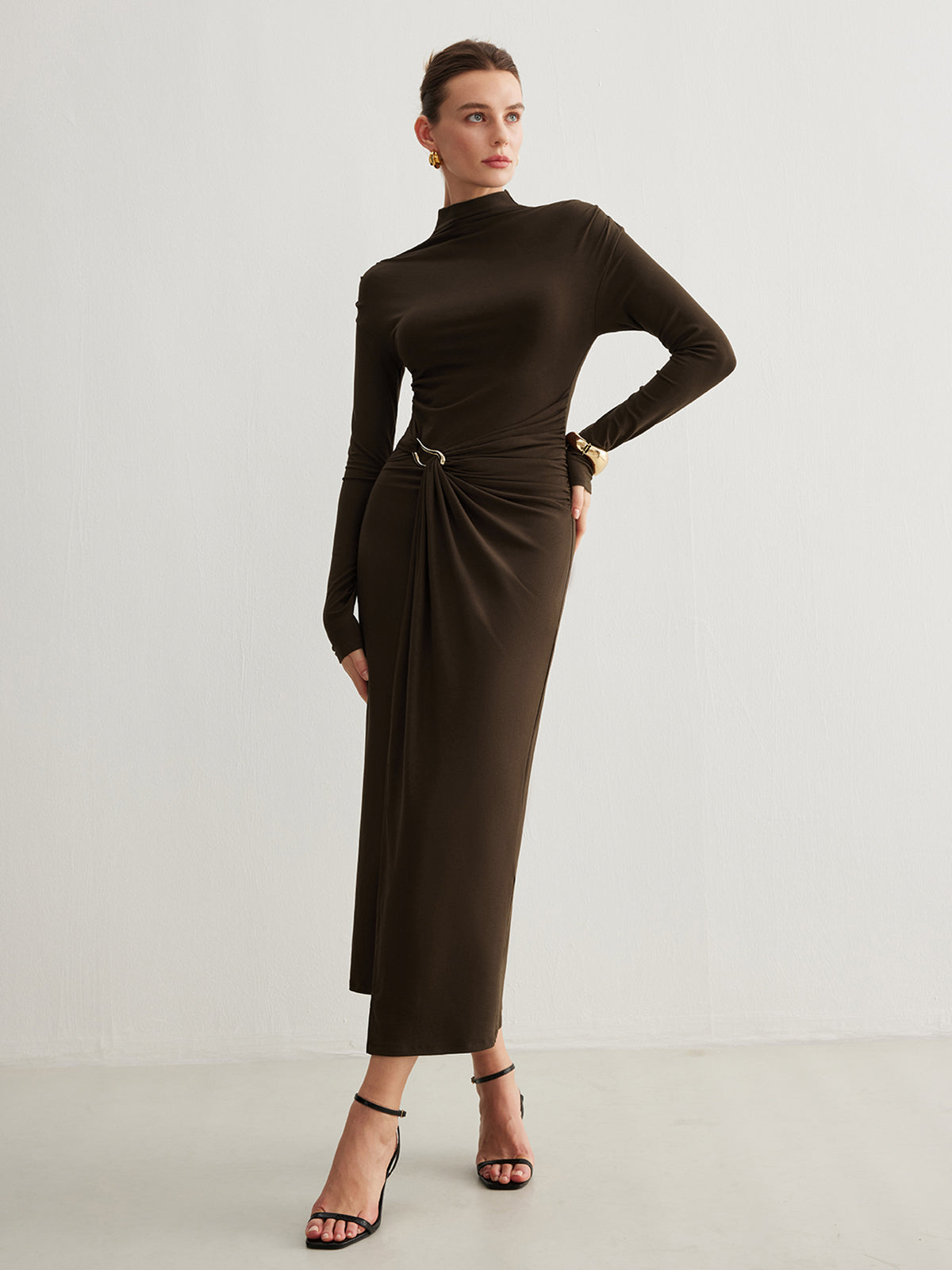 Irregular Metal-Ring Slit Pleated Dress for Women, Maxi Evening Party Gown