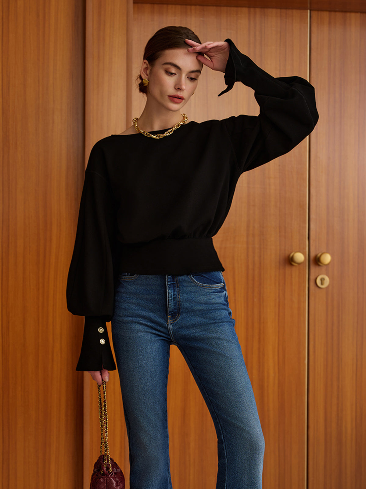 Bell Sleeve Cinched Sweatshirt for Women Casual Fit Comfort