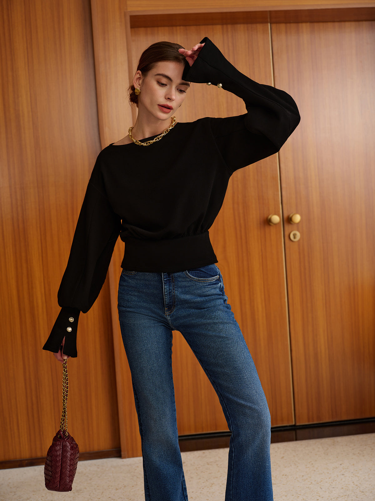 Bell Sleeve Cinched Sweatshirt for Women Casual Fit Comfort