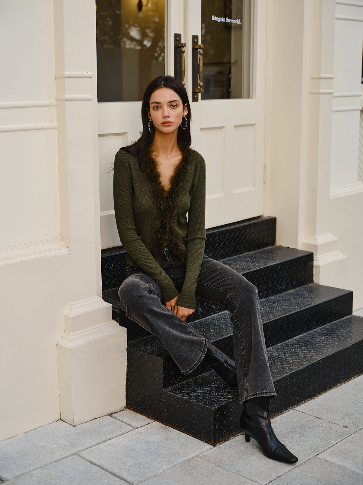 Feather Trim Wool-Blend Slim Sweater with Elegant Crew Neck