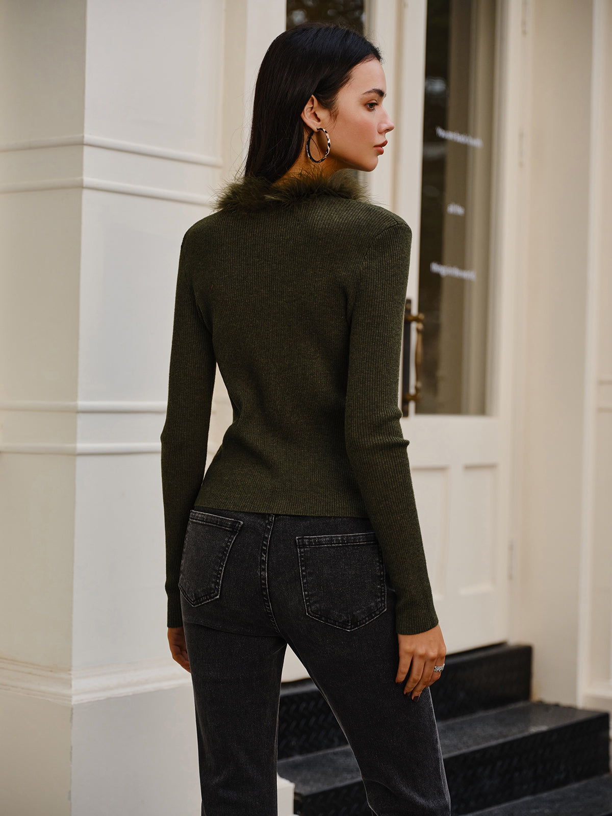 Feather Trim Wool-Blend Slim Sweater with Elegant Crew Neck