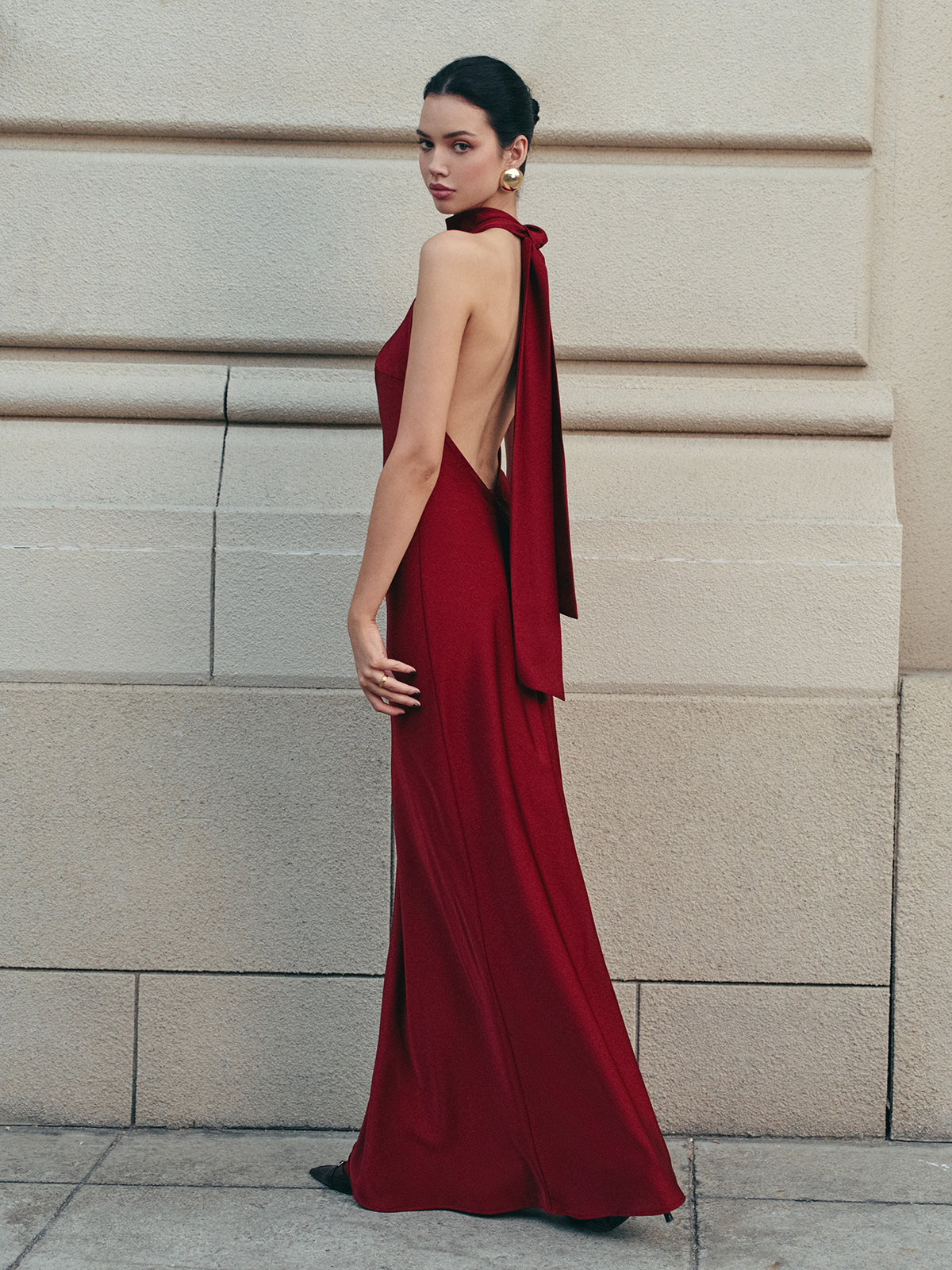 Open Back Satin Halter Dress Elegant Evening Wear