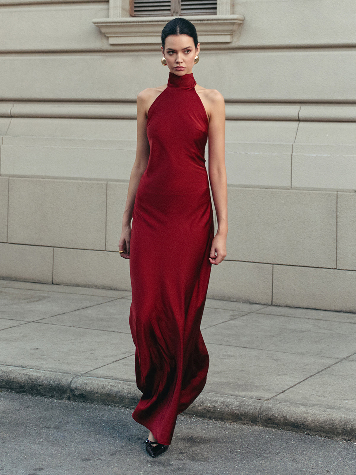 Open Back Satin Halter Dress Elegant Evening Wear