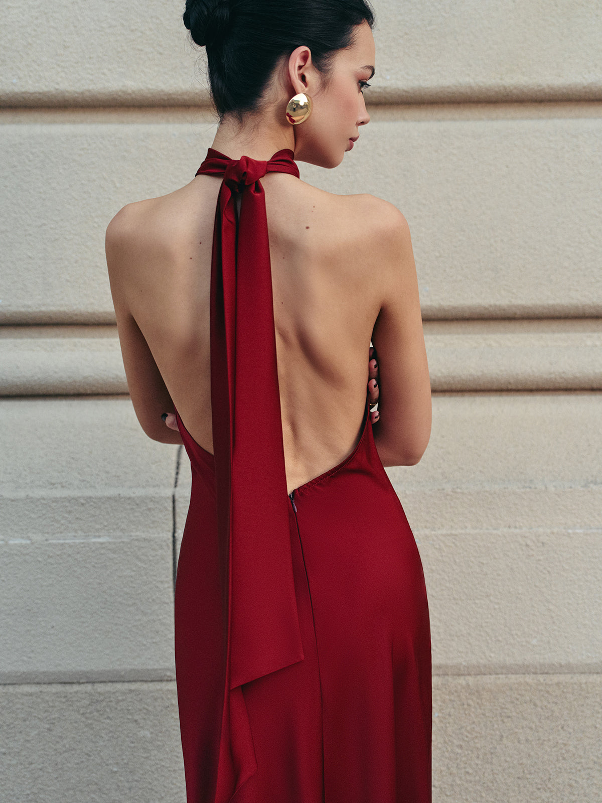 Open Back Satin Halter Dress Elegant Evening Wear