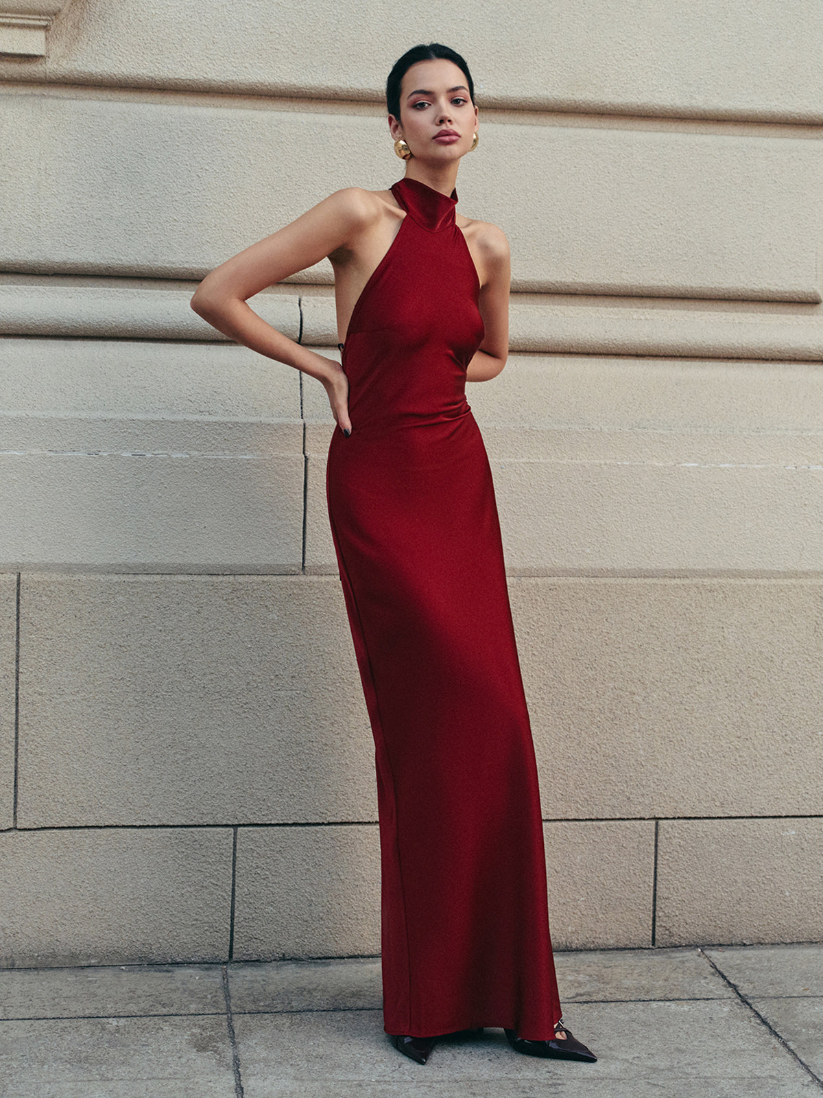 Open Back Satin Halter Dress Elegant Evening Wear