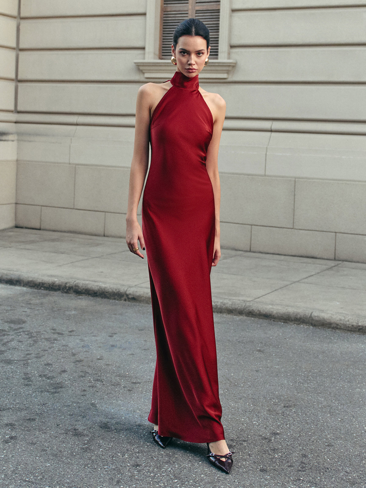 Open Back Satin Halter Dress Elegant Evening Wear