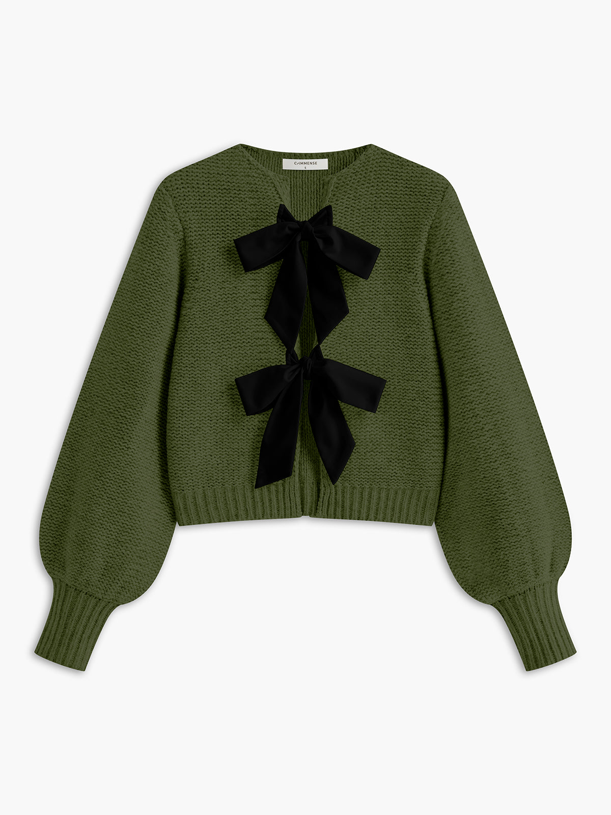 Crew Neck Bow Knit Top with Long Sleeves and Ribbed Texture