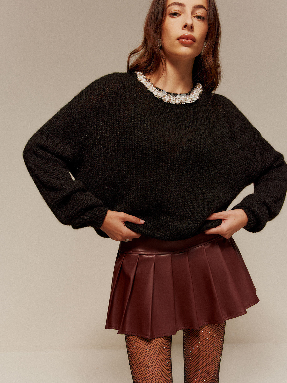 Rhinestone-Decor Cozy Sweater for Stylish Winter Comfort