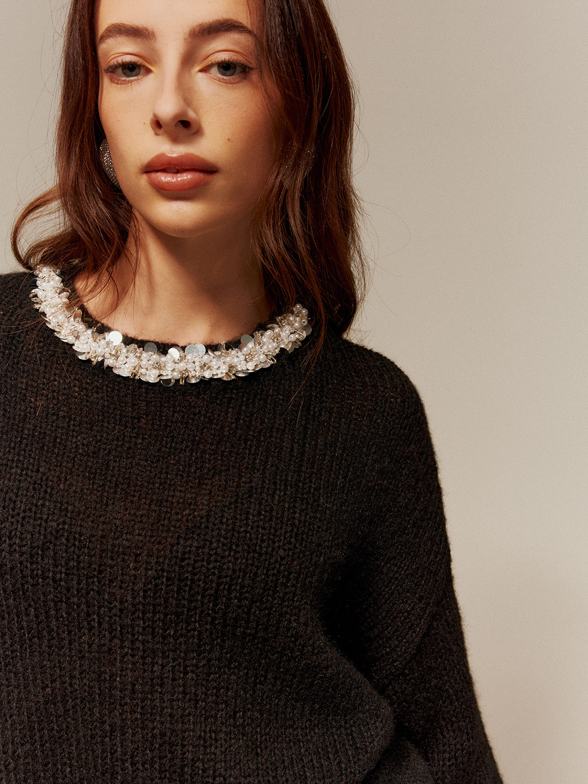 Rhinestone-Decor Cozy Sweater for Stylish Winter Comfort