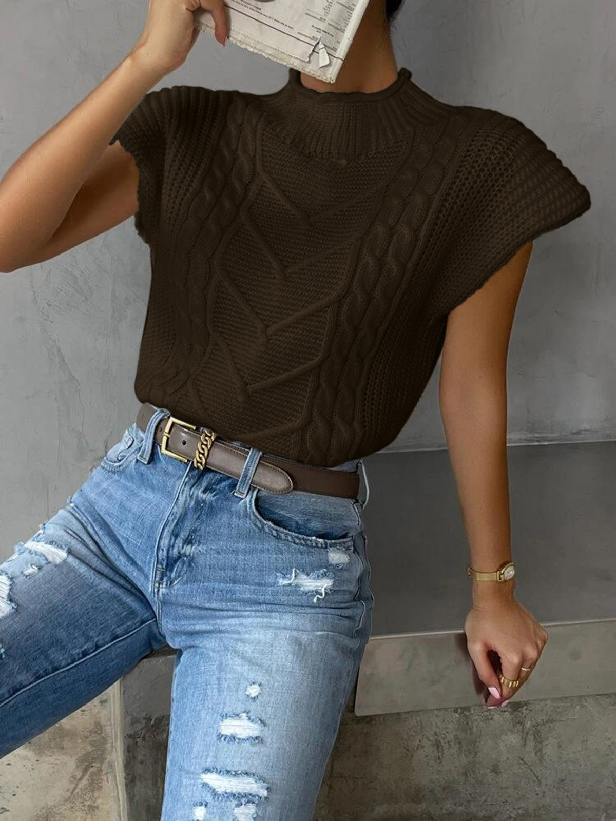 Plain Cap Sleeve Sweater Vest for Women Casual Wear
