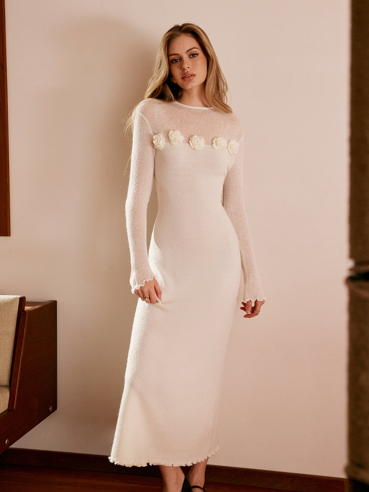 Wool-Blend 3D Flower Lettuce Trim Sweater Dress | Elegant Cozy Winter Fashion