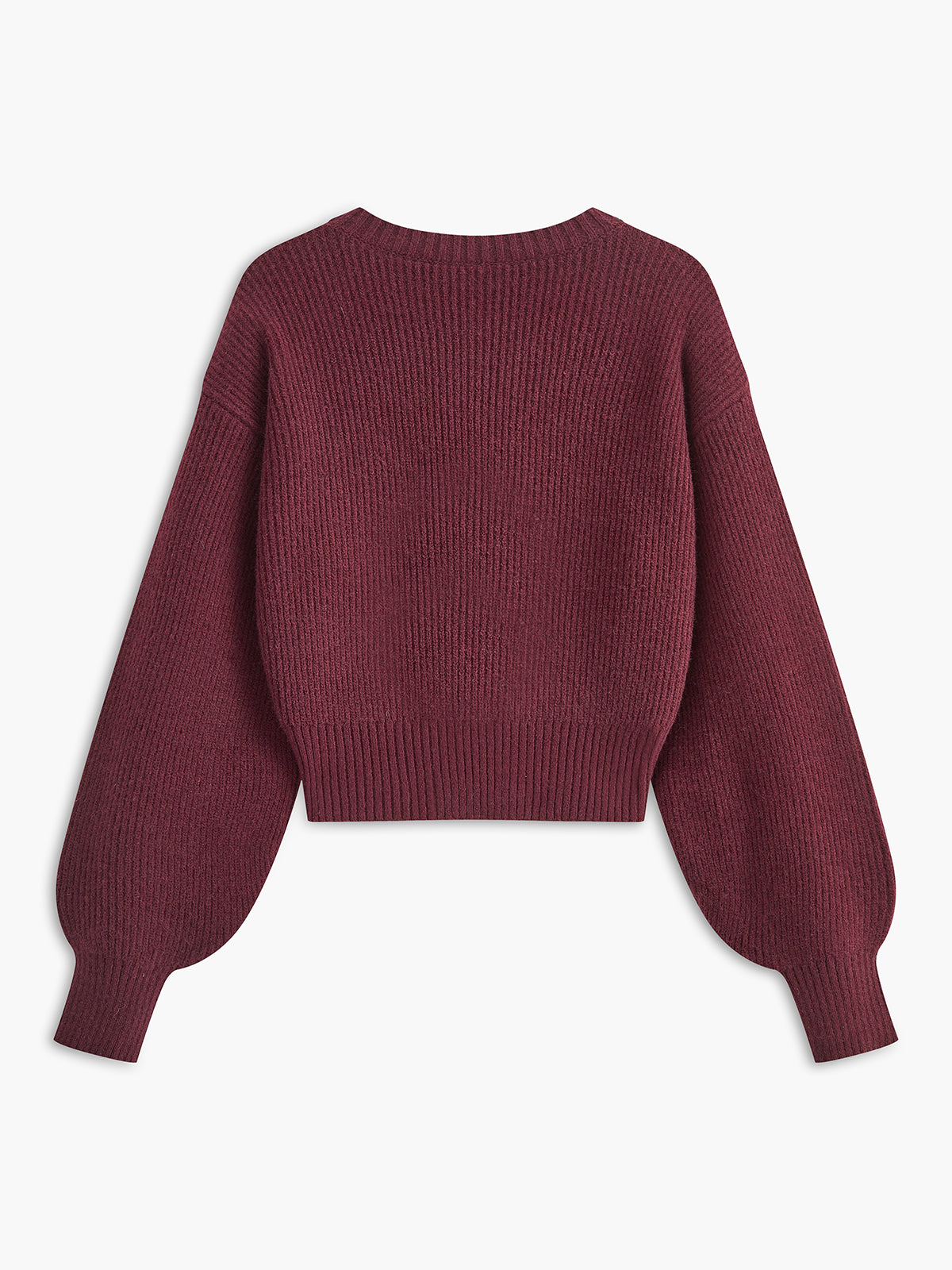 Maroon lace-trimmed tie-front cardigan with ribbed texture, crew neck, balloon long sleeves.