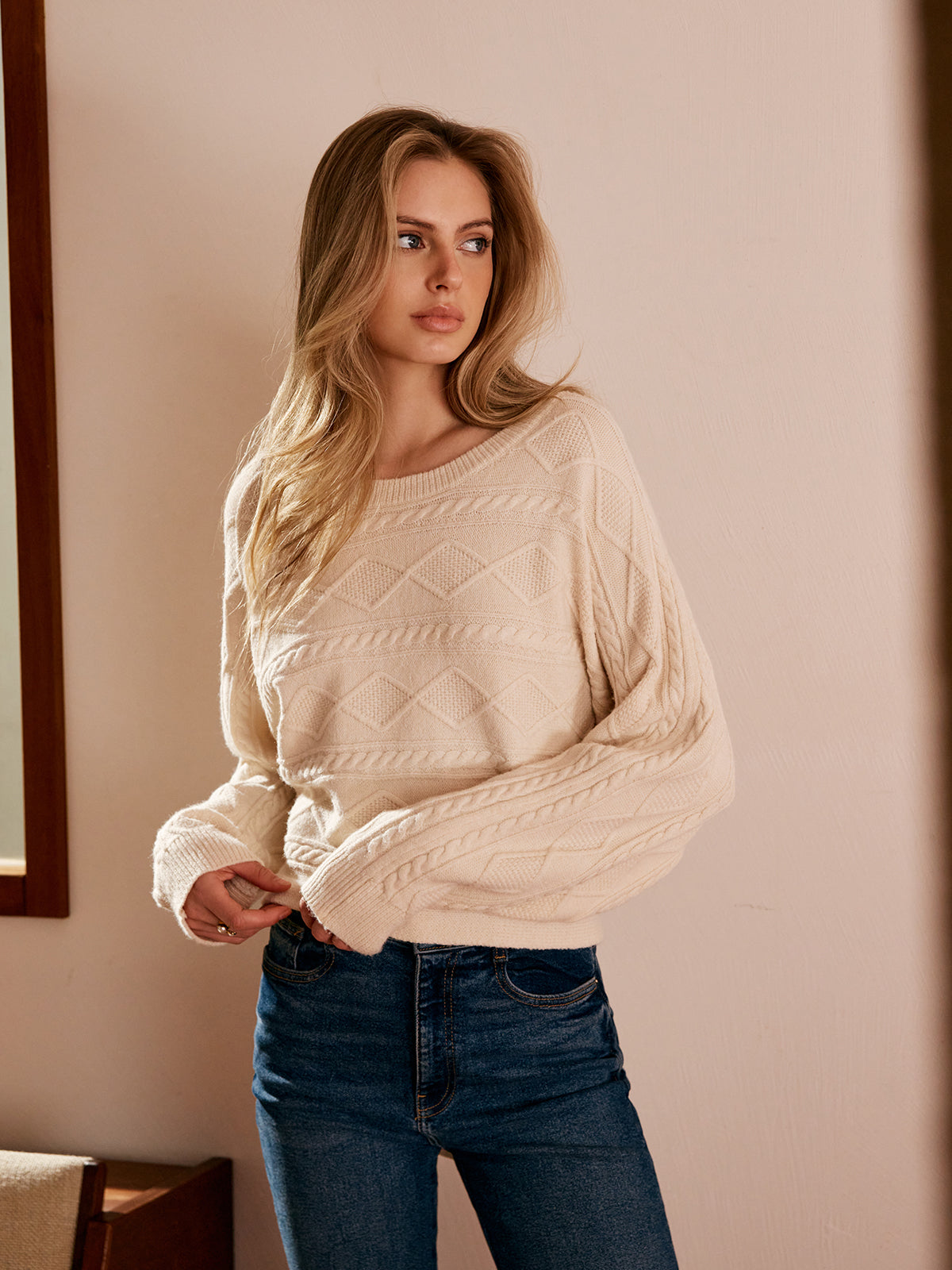 Tie Back Cable Knit Top Cozy Winter Sweater Pullover