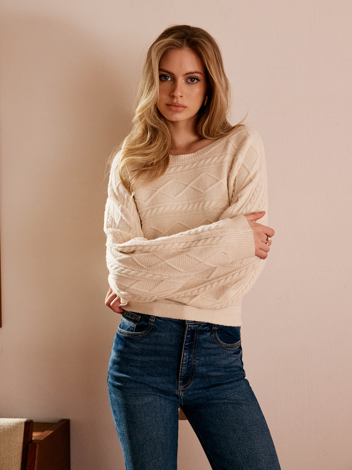 Tie Back Cable Knit Top Cozy Winter Sweater Pullover