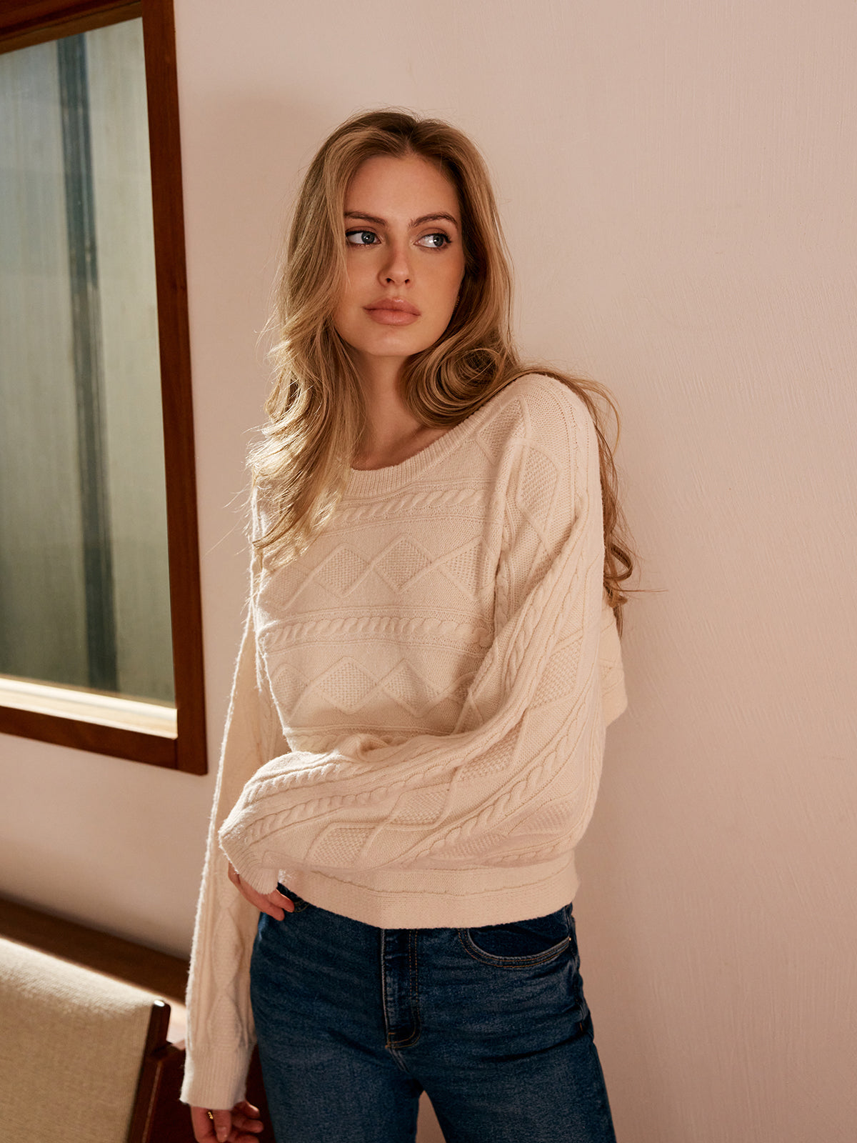 Tie Back Cable Knit Top Cozy Winter Sweater Pullover