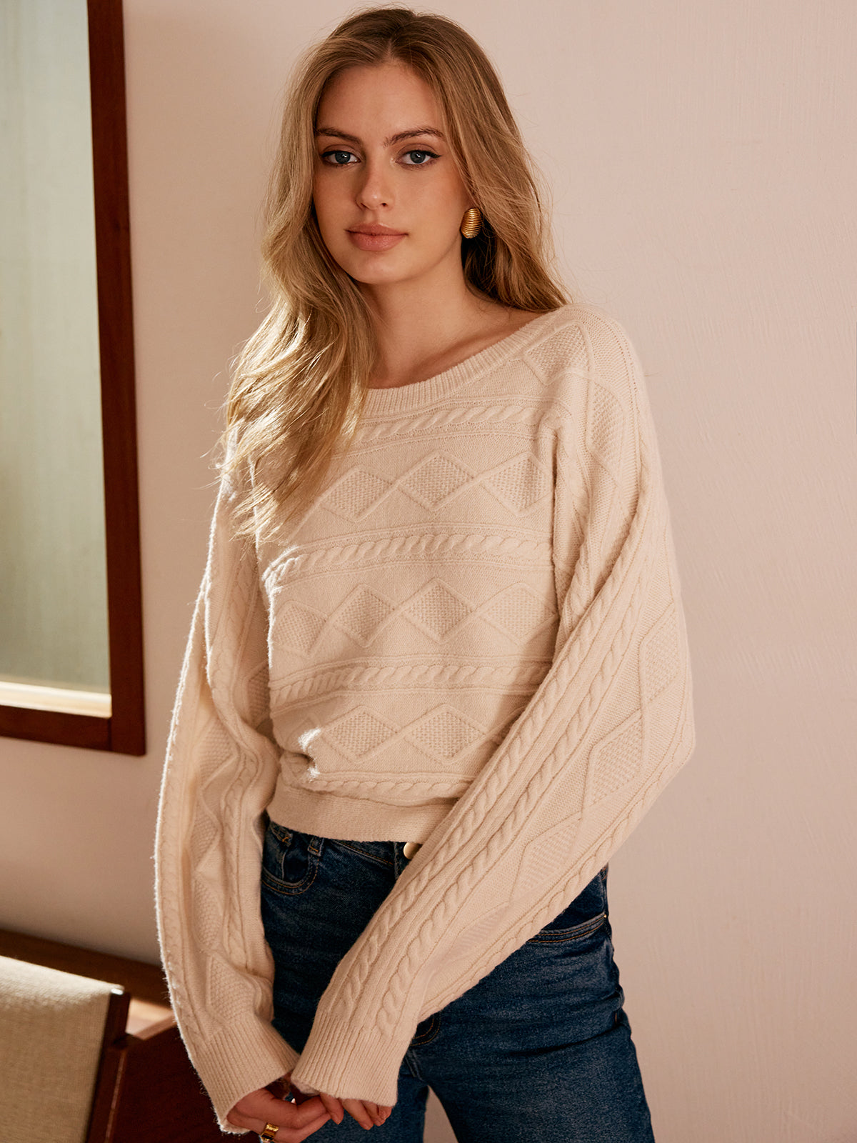 Tie Back Cable Knit Top Cozy Winter Sweater Pullover