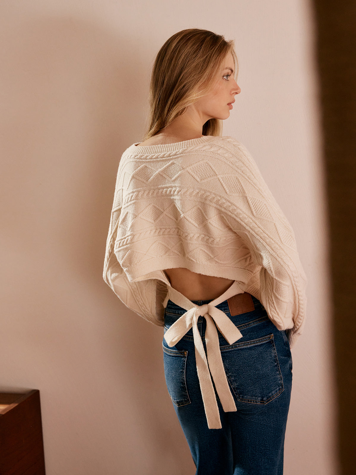 Tie Back Cable Knit Top Cozy Winter Sweater Pullover