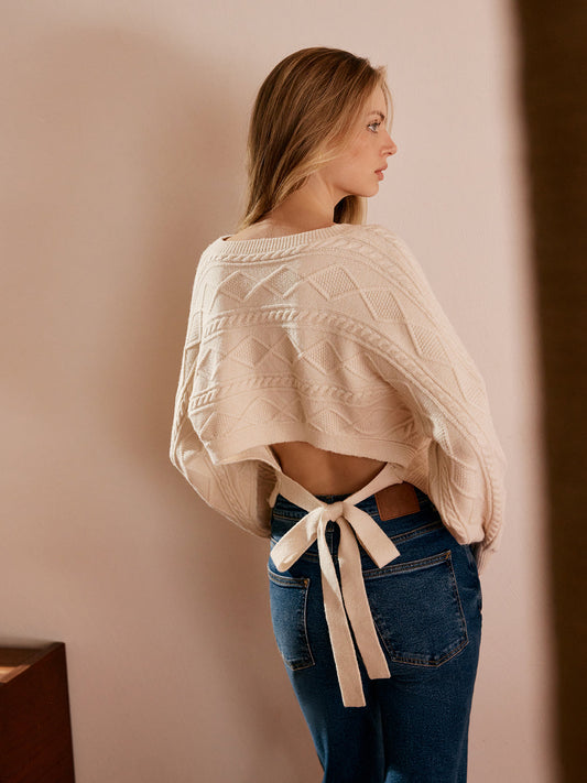 Tie Back Cable Knit Top Cozy Winter Sweater Pullover