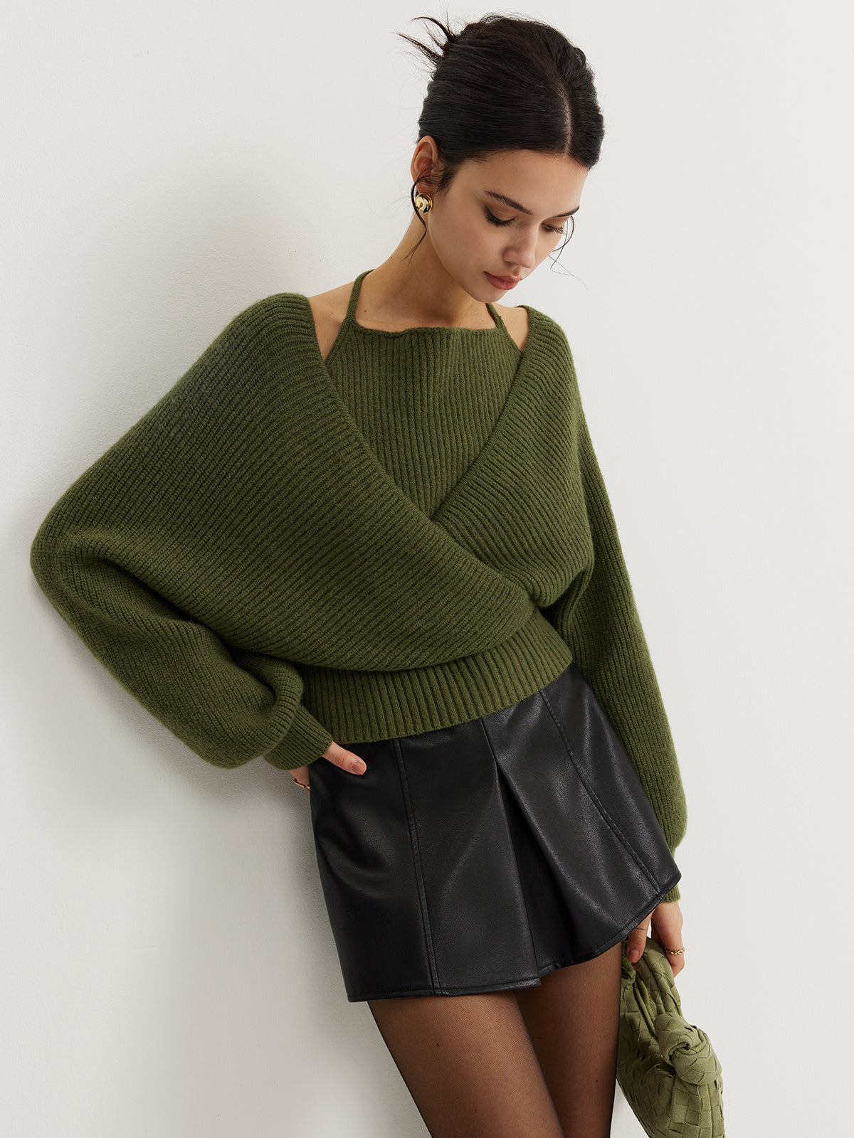 2 in 1 Bat Sleeve Halter Knit Top Versatile Casual Wear