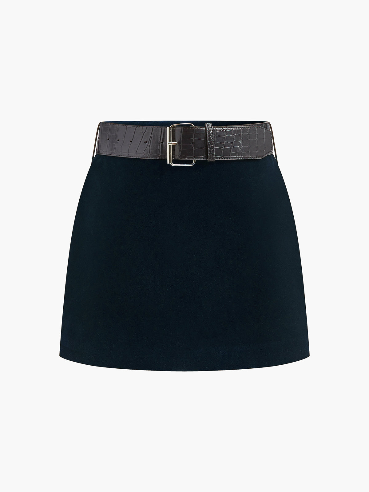 Crocodile Belted Velvet Mini Skirt, Luxurious Textured Party Wear Fashion
