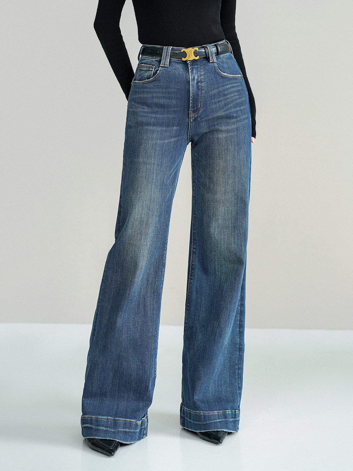 Mid-Waist Bootcut Denim Jeans Without Belt for Women, Casual Flare Pants