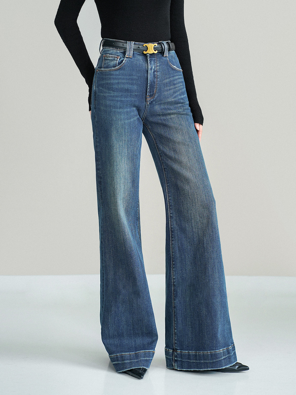 Mid-Waist Bootcut Denim Jeans Without Belt for Women, Casual Flare Pants