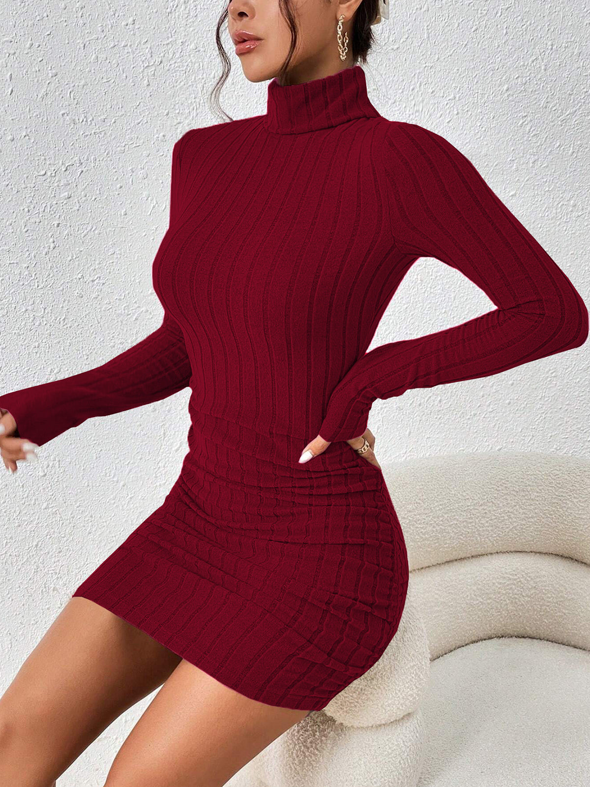 Mock Neck Hip-Covering Ribbed Dress with Long Sleeves and Stretch Fit