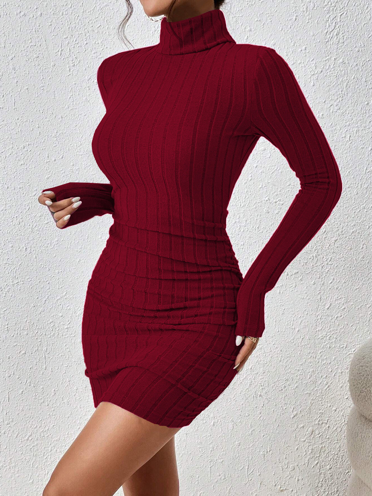 Mock Neck Hip-Covering Ribbed Dress with Long Sleeves and Stretch Fit