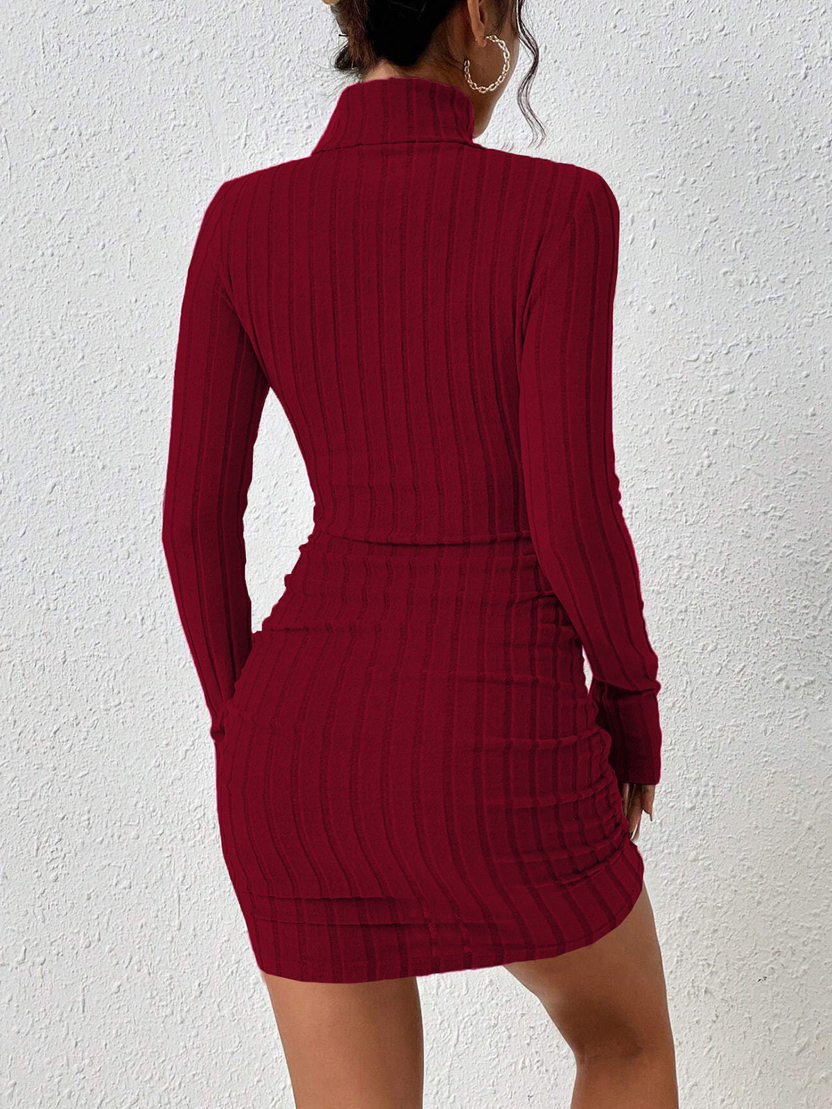 Mock Neck Hip-Covering Ribbed Dress with Long Sleeves and Stretch Fit