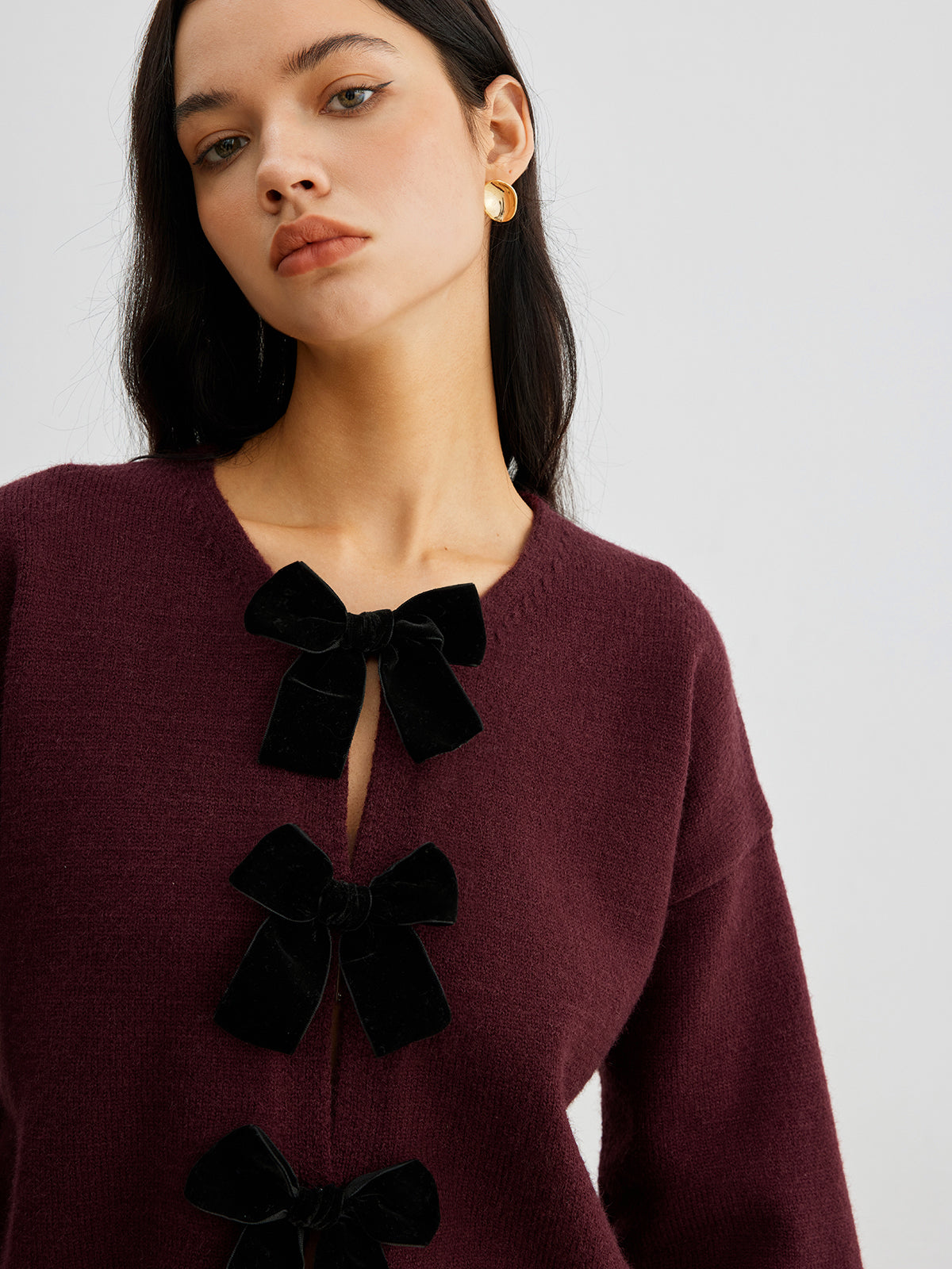 Velvet-Bow Lantern Sleeve Sweater Elegant Casual Fall Fashion