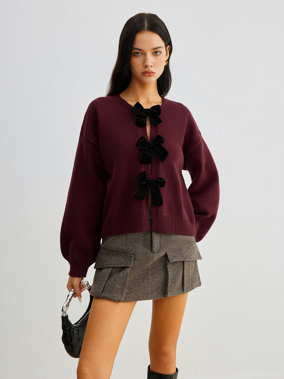 Velvet-Bow Lantern Sleeve Sweater Elegant Casual Fall Fashion
