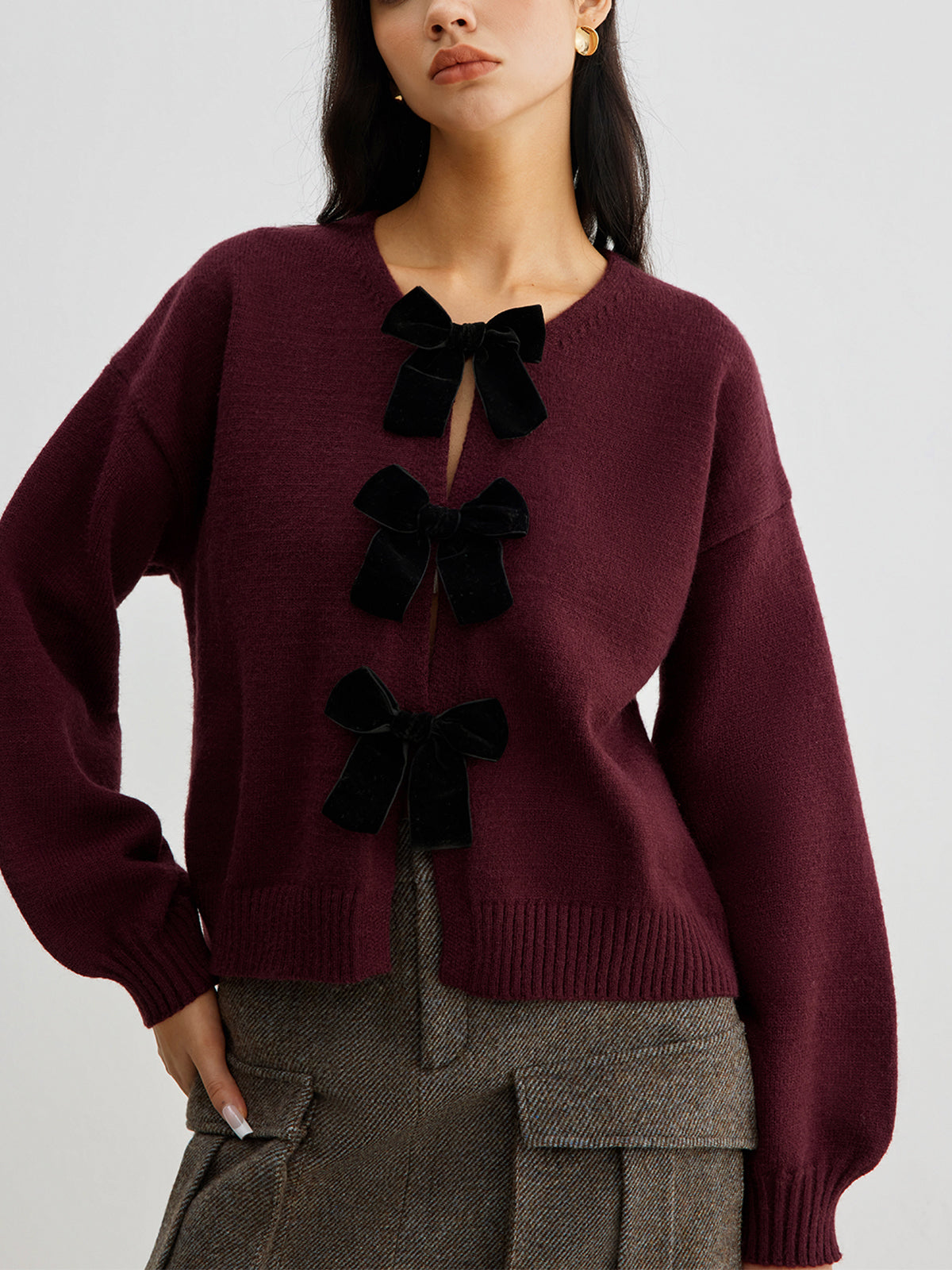 Velvet-Bow Lantern Sleeve Sweater Elegant Casual Fall Fashion