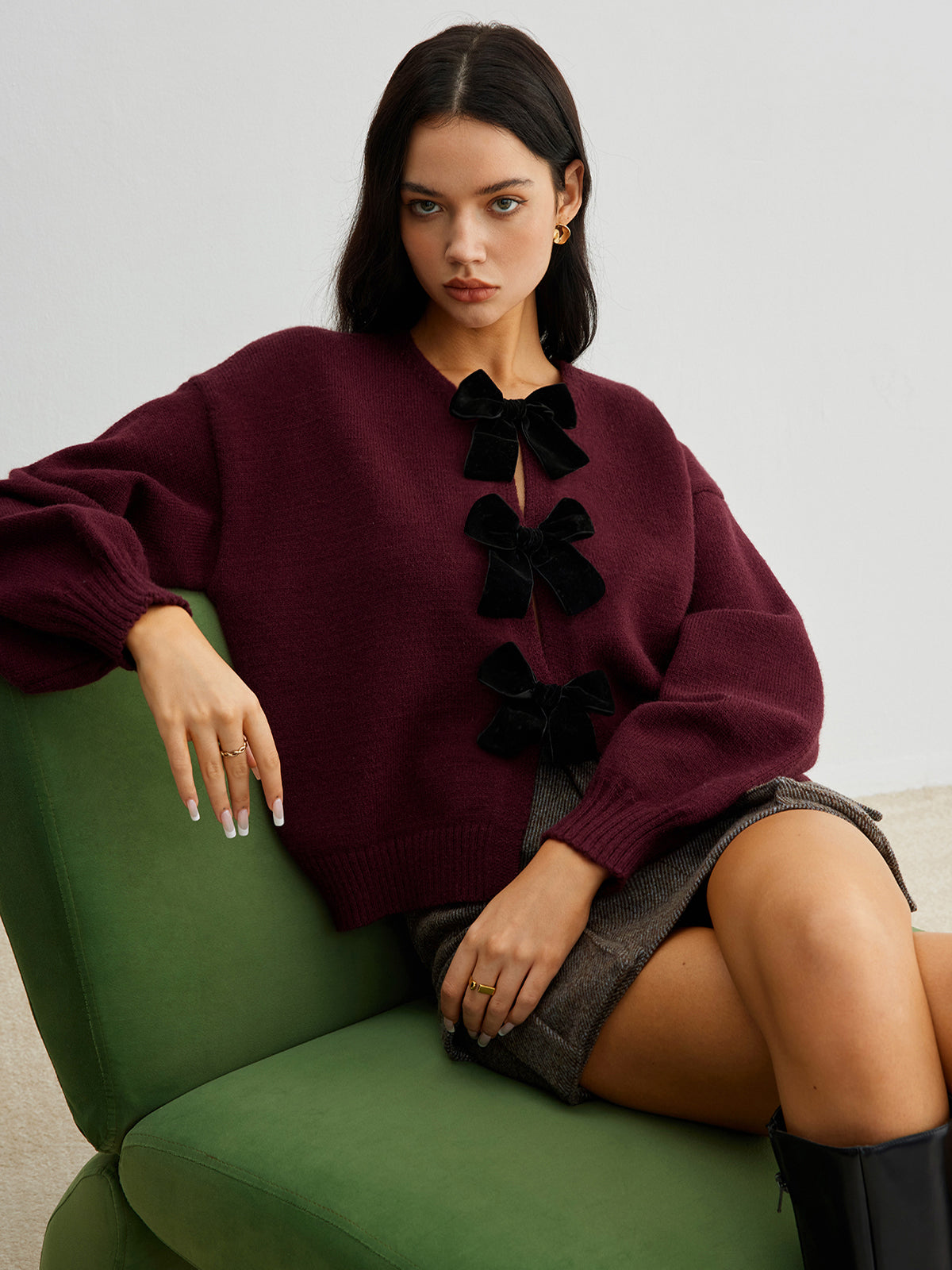 Velvet-Bow Lantern Sleeve Sweater Elegant Casual Fall Fashion
