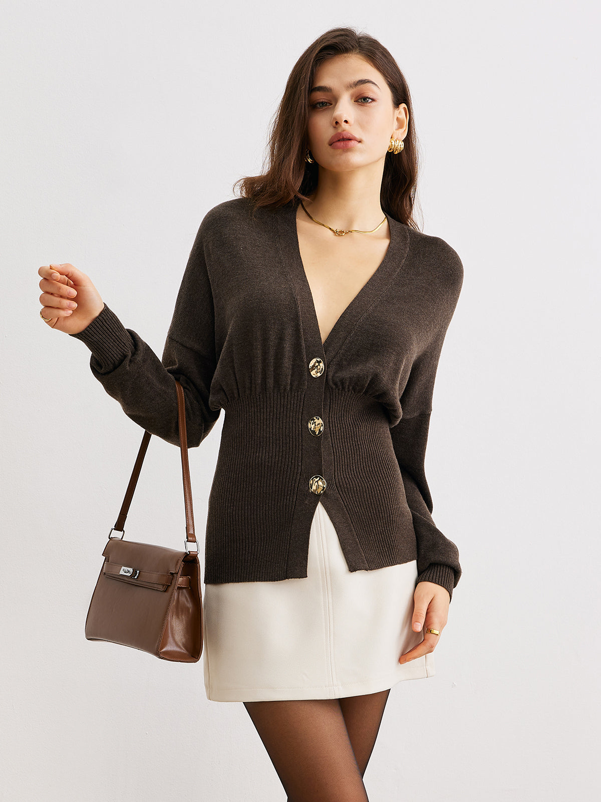 Wool-Blend Cinched Button Knit Outerwear Women's Stylish Winter Jacket