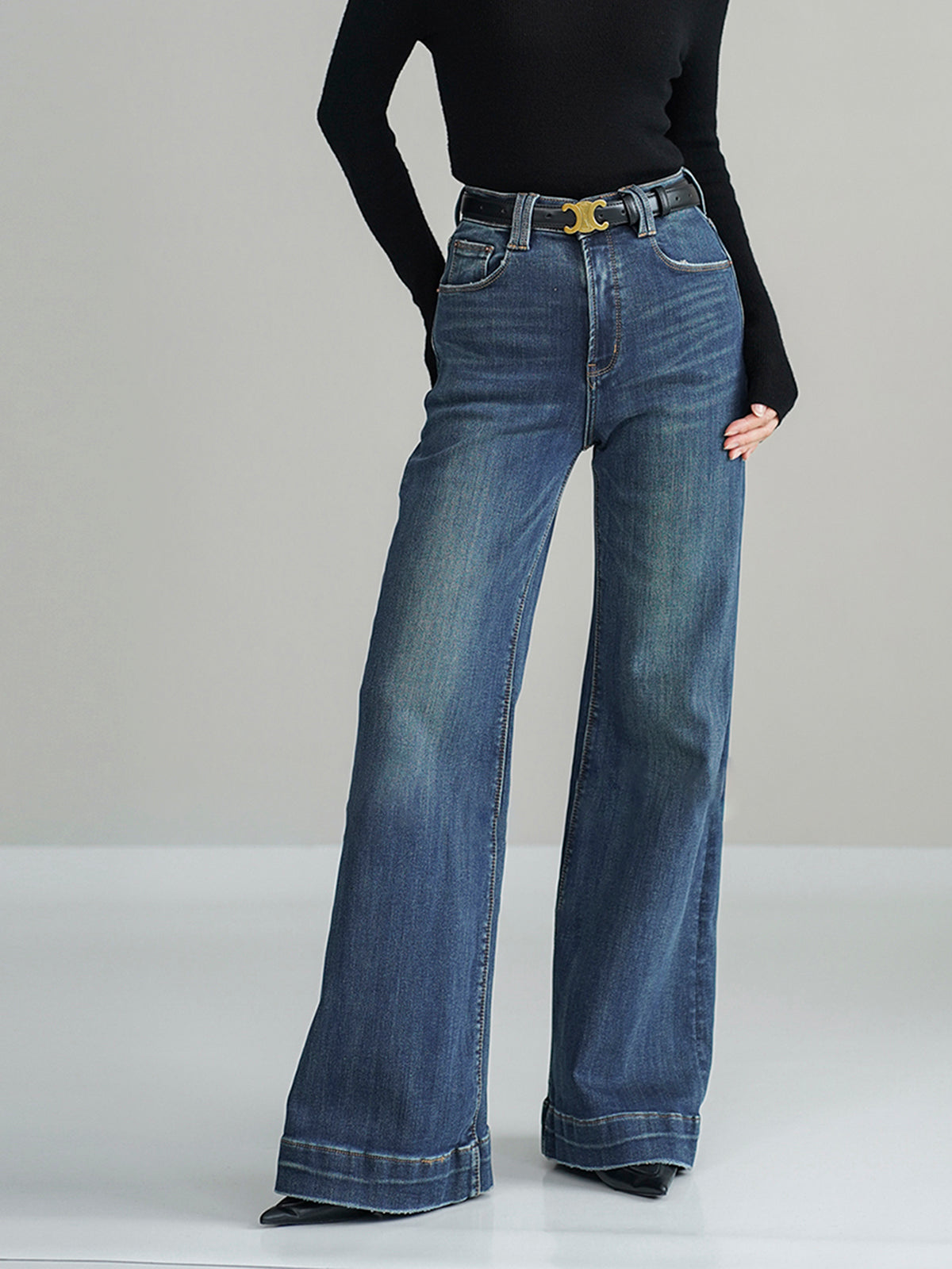 Mid-Waist Bootcut Denim Jeans Without Belt for Women, Casual Flare Pants