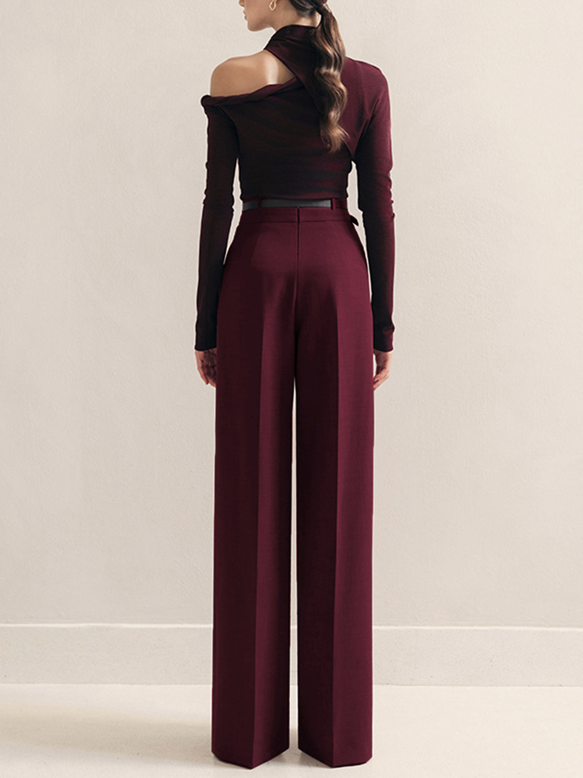 Metal-Belt Pleated High-Waist Pants for Women, Tailored Fit Casual Trousers