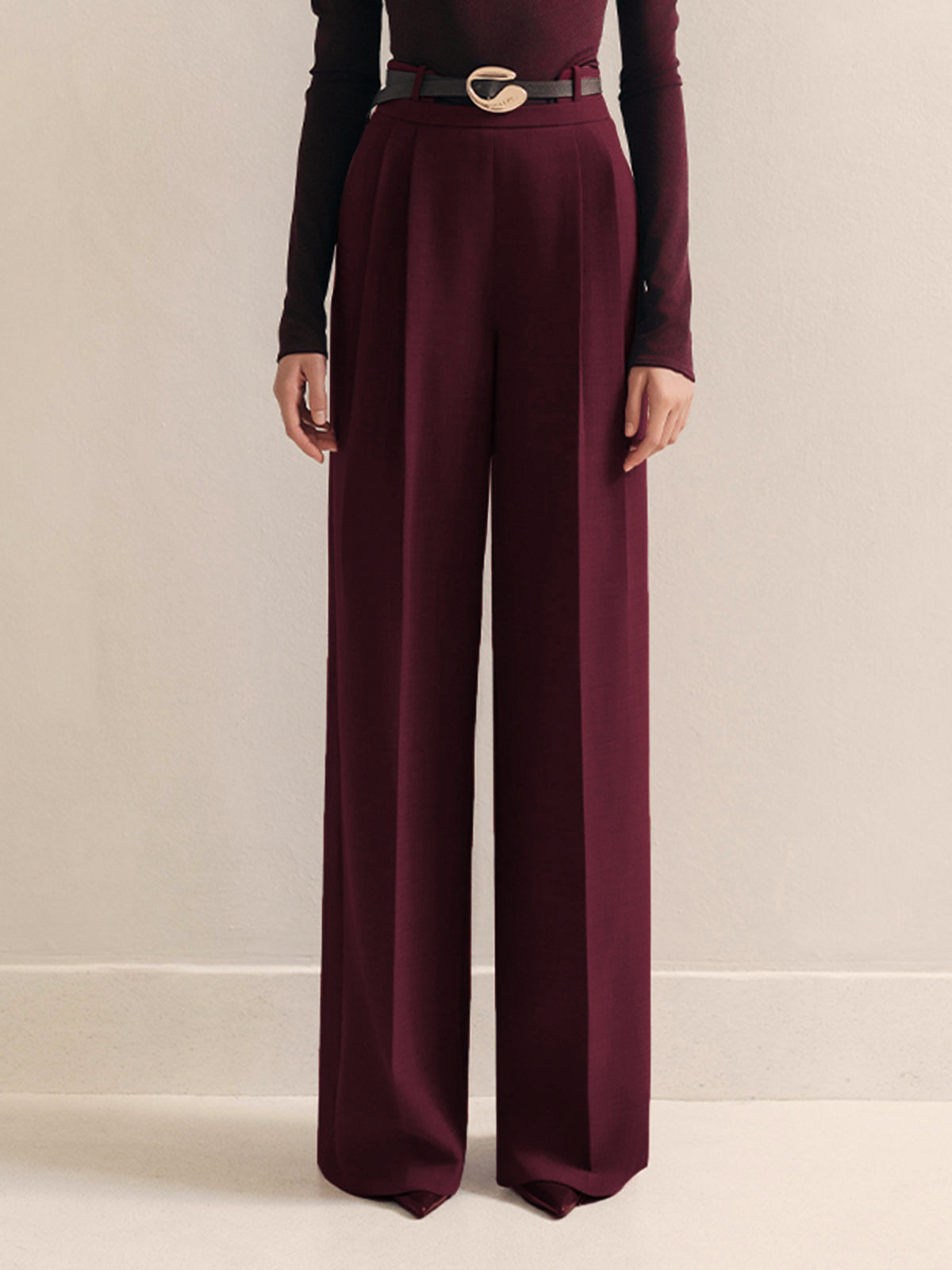 Metal-Belt Pleated High-Waist Pants for Women, Tailored Fit Casual Trousers
