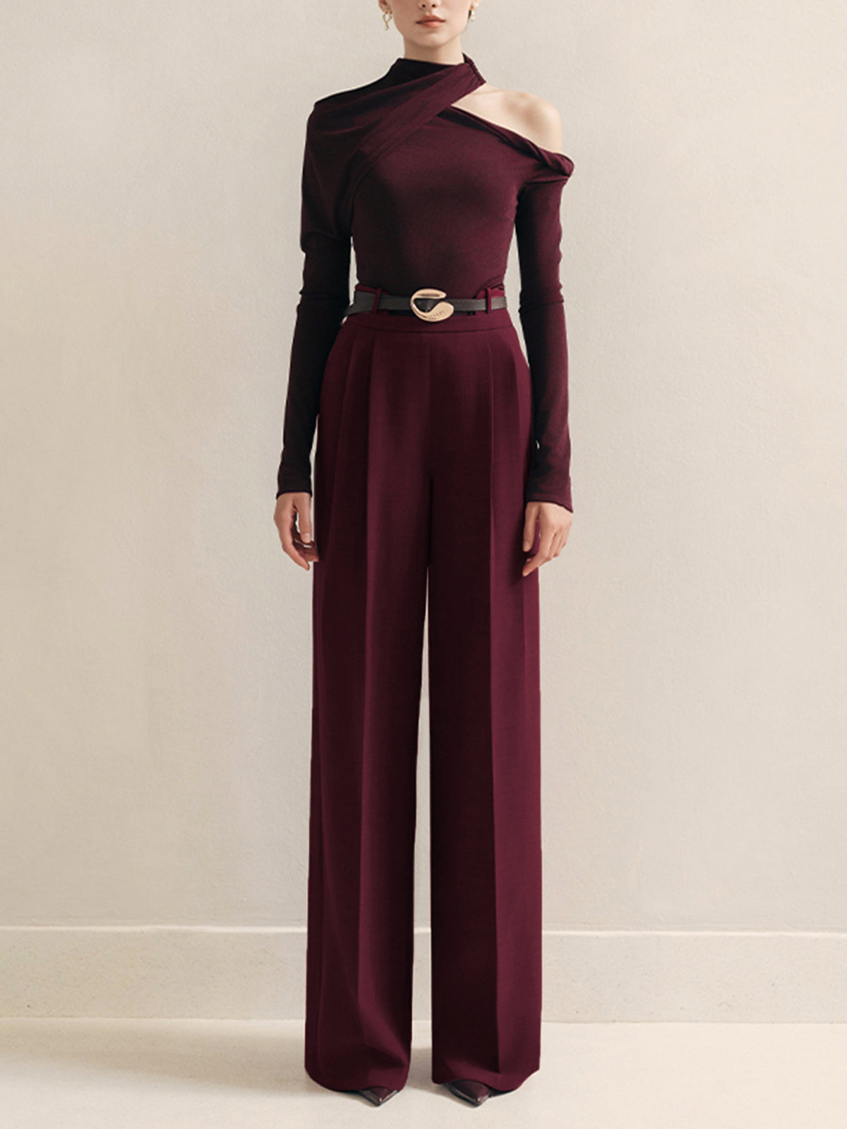 Metal-Belt Pleated High-Waist Pants for Women, Tailored Fit Casual Trousers