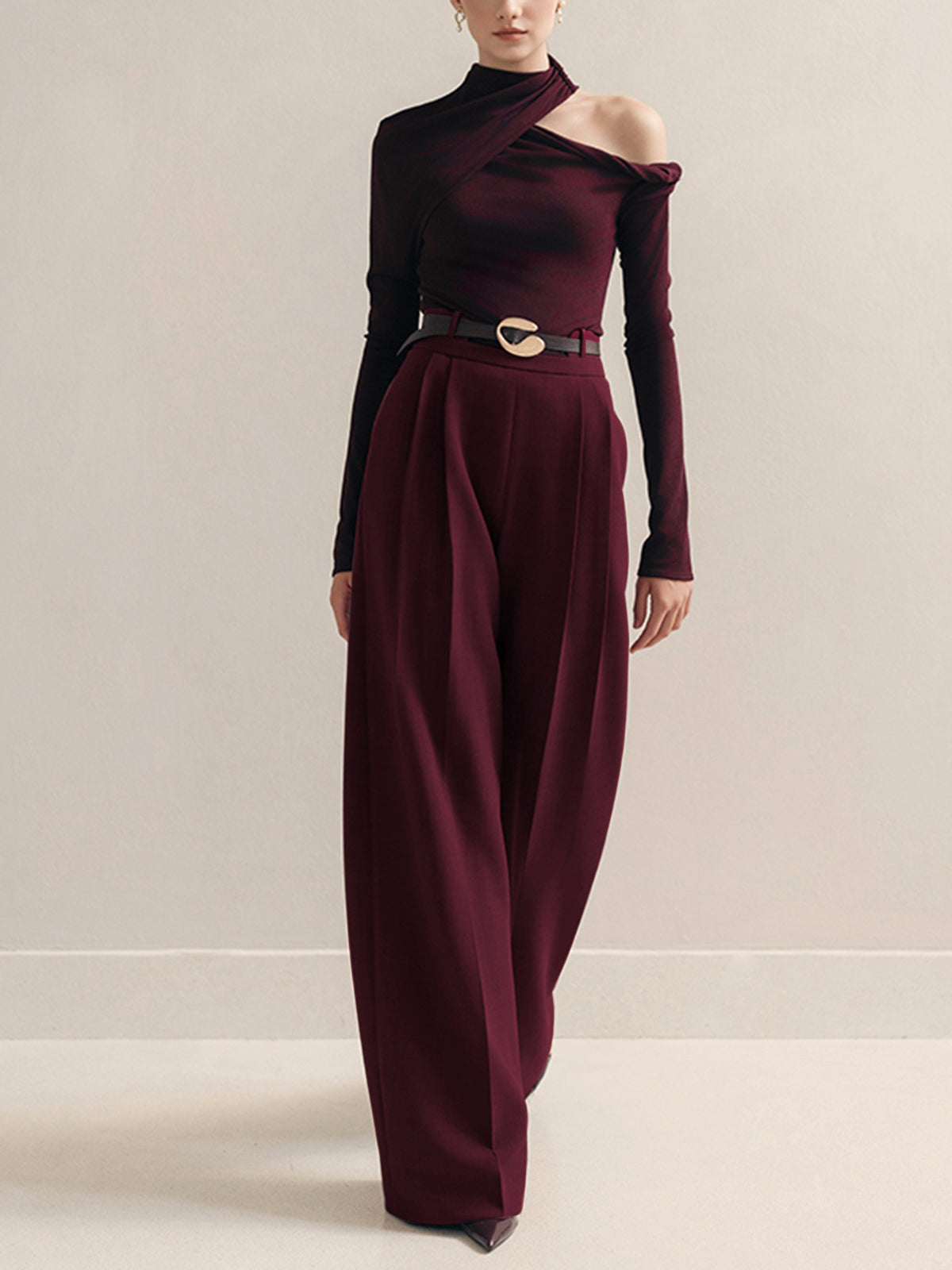 Metal-Belt Pleated High-Waist Pants for Women, Tailored Fit Casual Trousers