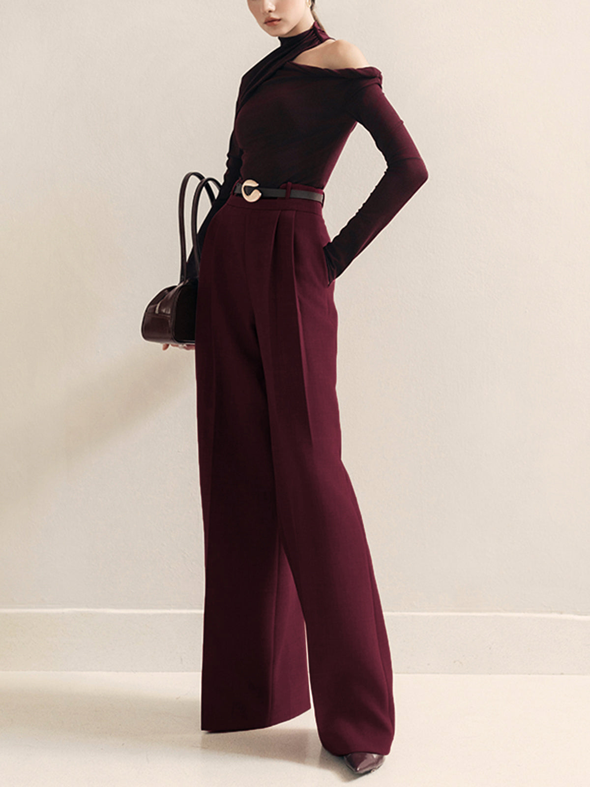 Metal-Belt Pleated High-Waist Pants for Women, Tailored Fit Casual Trousers