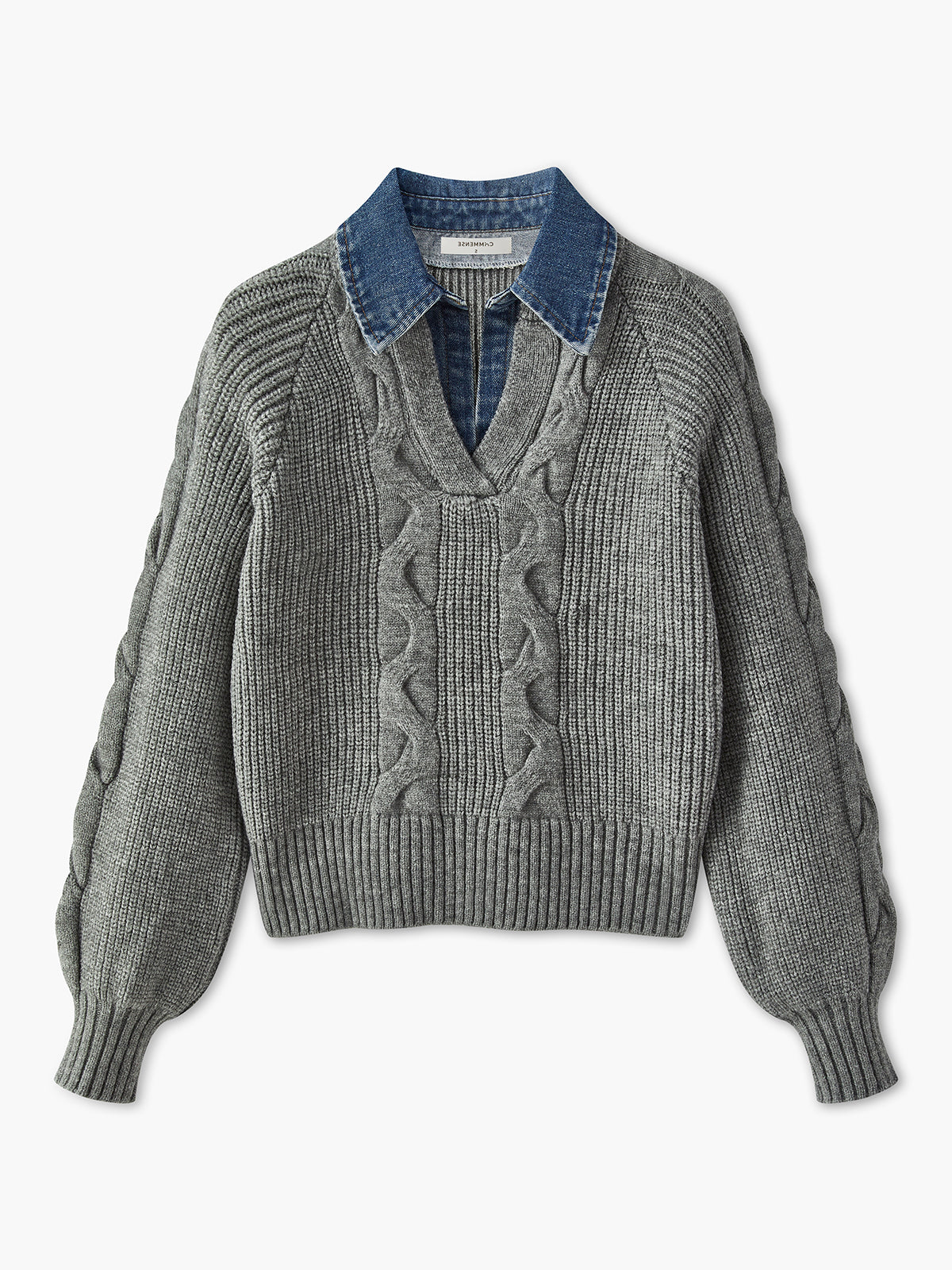 Denim Panel Ribbed Lapel Sweater for Casual Fall Fashion
