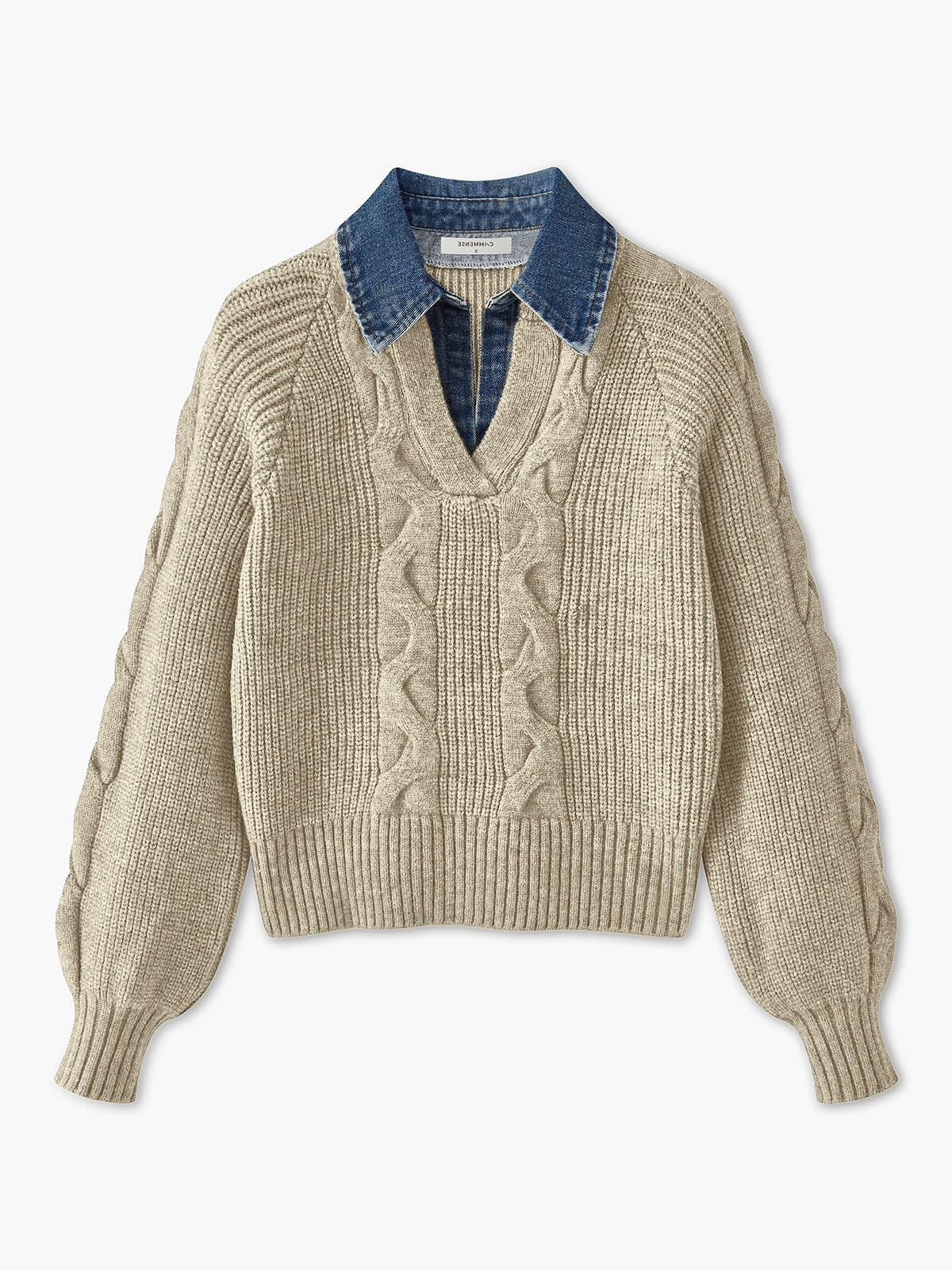 Denim Panel Ribbed Lapel Sweater for Casual Fall Fashion