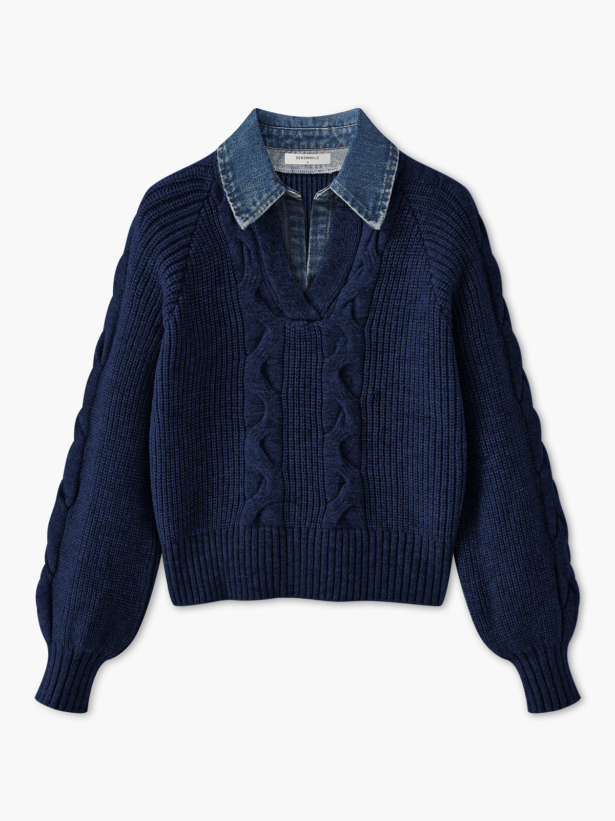 Denim Panel Ribbed Lapel Sweater for Casual Fall Fashion