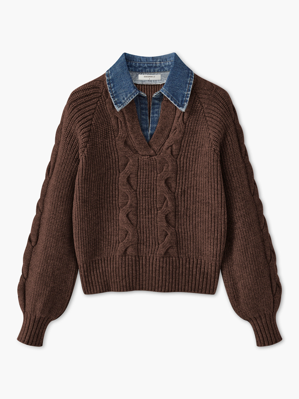 Denim Panel Ribbed Lapel Sweater for Casual Fall Fashion