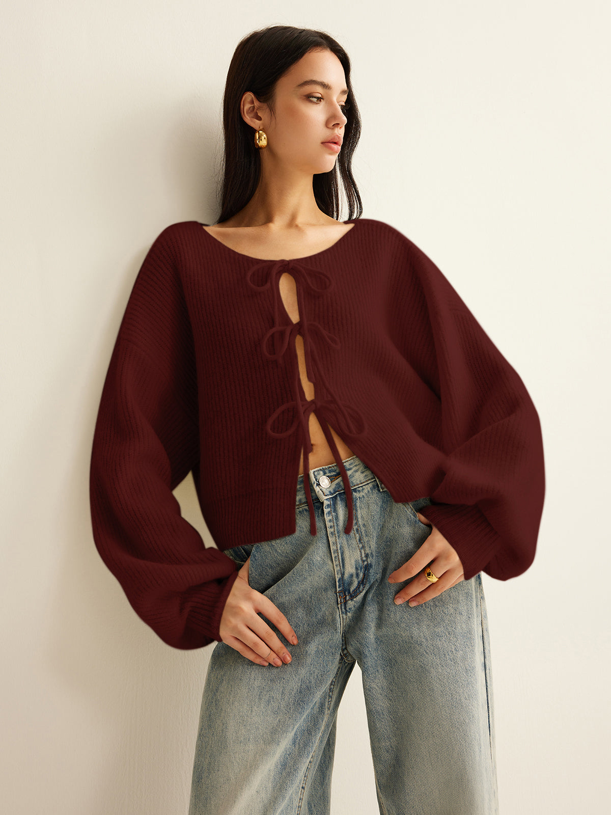 Wool-Blend Tie-Front Cardigan with Ribbed Trim Comfort Fit