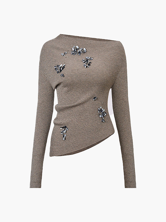 Wool-Blend Asymmetrical Sequins Knit Top for Women, Elegant Party Wear