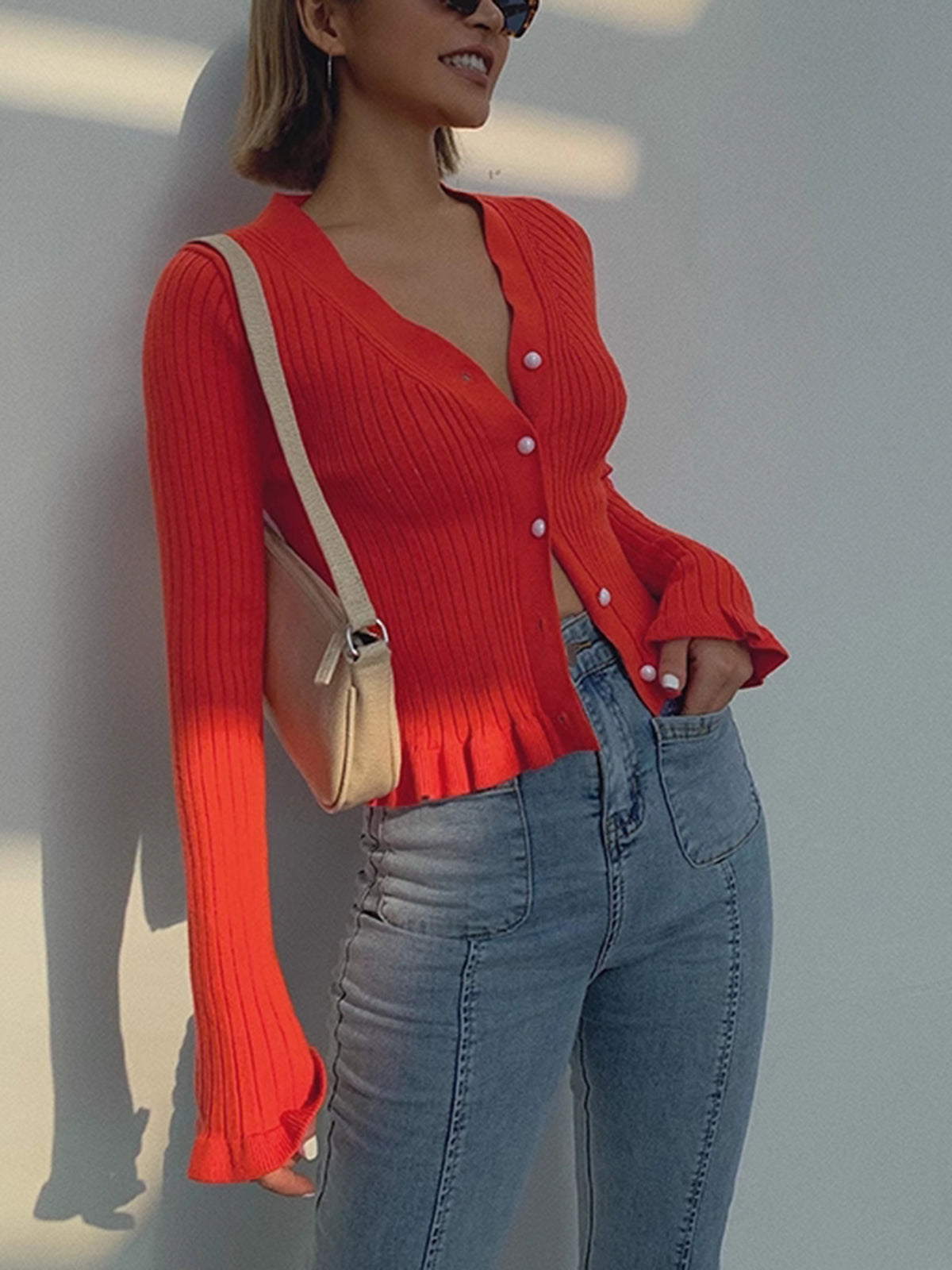 Ruffled Trim Button-Front Long Sleeve Cardigan Cozy Knitwear Essentials