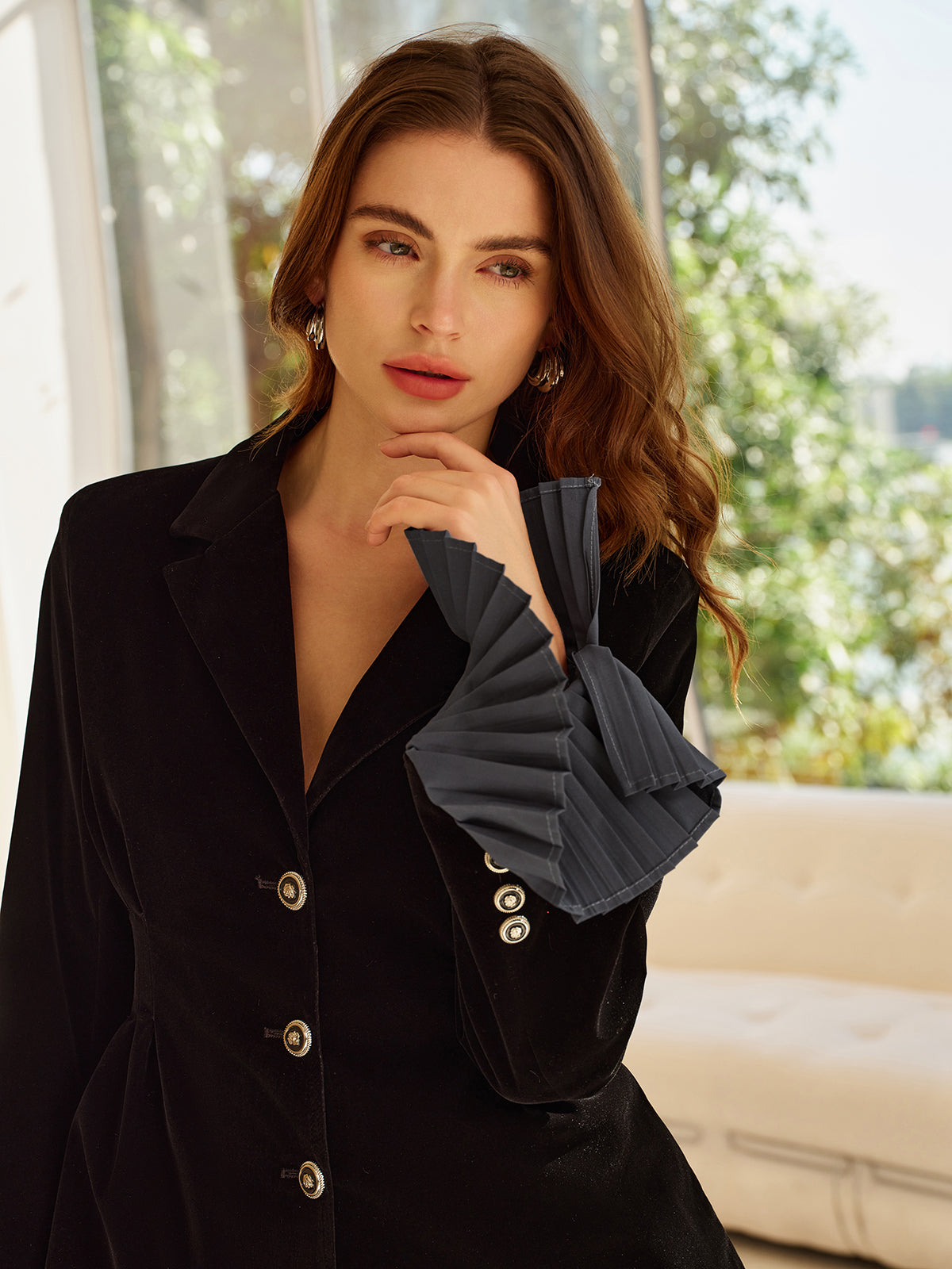 Pleated Ruffle-Cuff Velvet Skirt Set for Evening Events