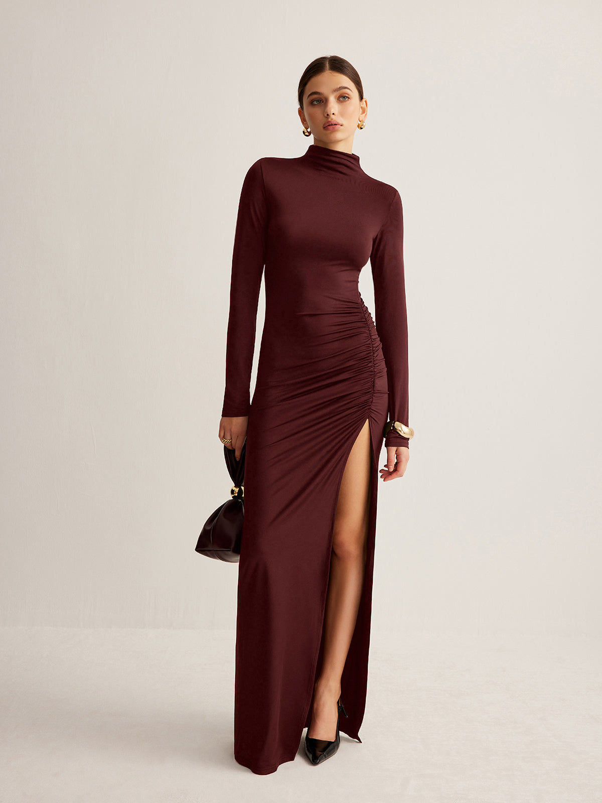 Stand-Collar Pleated Slit Jersey Dress with Elegant Long Sleeves
