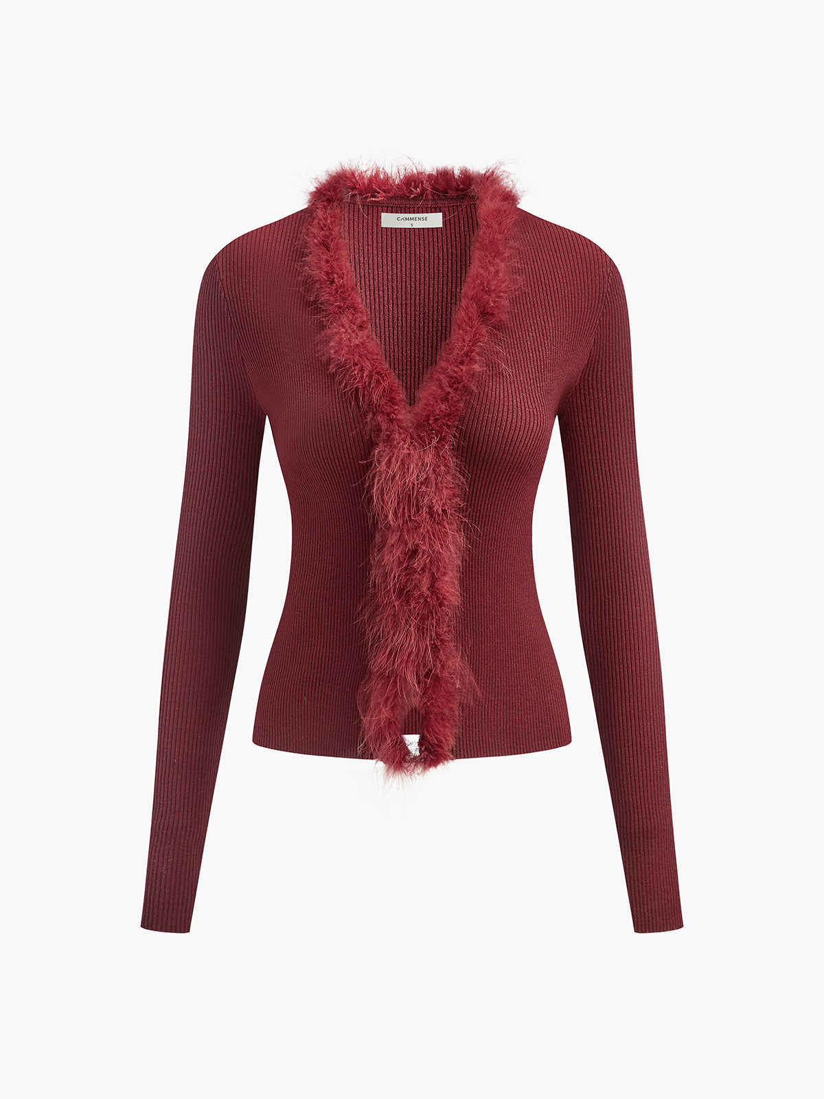 Feather Trim Wool-Blend Slim Sweater with Elegant Crew Neck